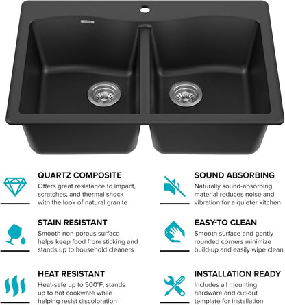 KRAUS Forteza 33-Inch Drop In/Undermount 50/50 Double Bowl Granite Kitchen Sink in Black, KGD-52BLACK