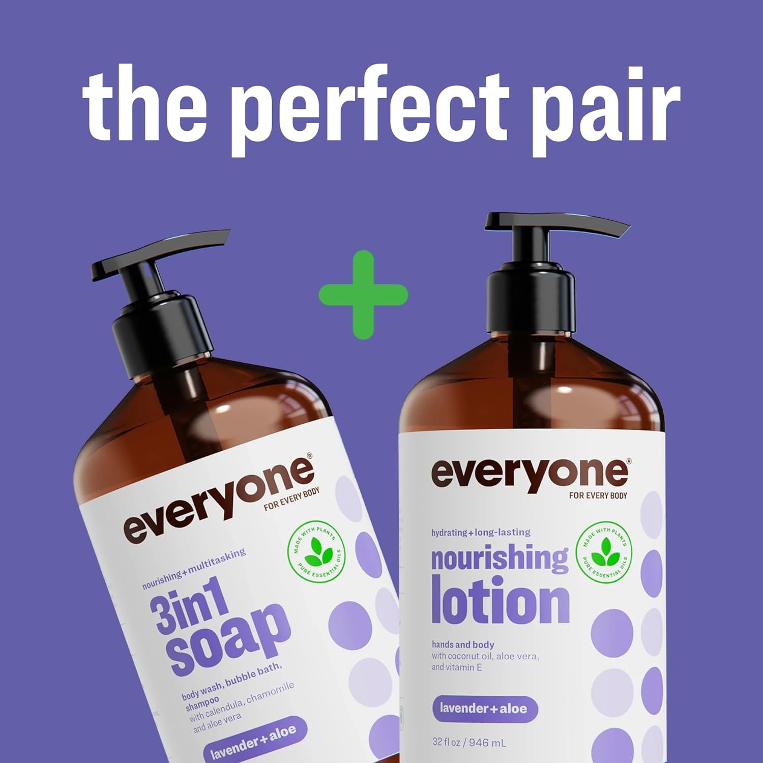 Everyone 3-In-1 Soap, Body Wash, Bubble Bath, Shampoo, 32 Ounce (Pack of 2), Lavender and Aloe, Made with Essential Oils for Men and Women