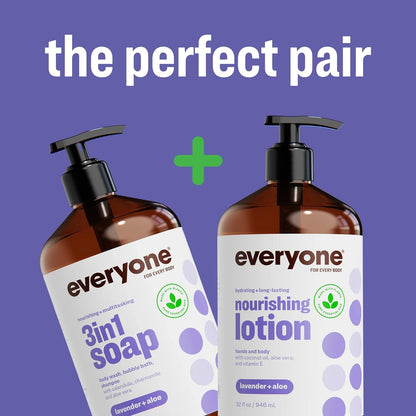 Everyone 3-In-1 Soap, Body Wash, Bubble Bath, Shampoo, 32 Ounce (Pack of 2), Lavender and Aloe, Made with Essential Oils for Men and Women