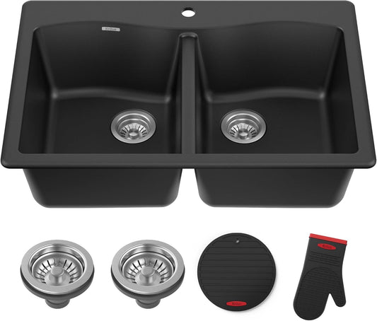 KRAUS Forteza 33-Inch Drop In/Undermount 50/50 Double Bowl Granite Kitchen Sink in Black, KGD-52BLACK