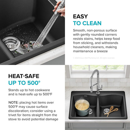 KRAUS Forteza 33-Inch Drop In/Undermount 50/50 Double Bowl Granite Kitchen Sink in Black, KGD-52BLACK