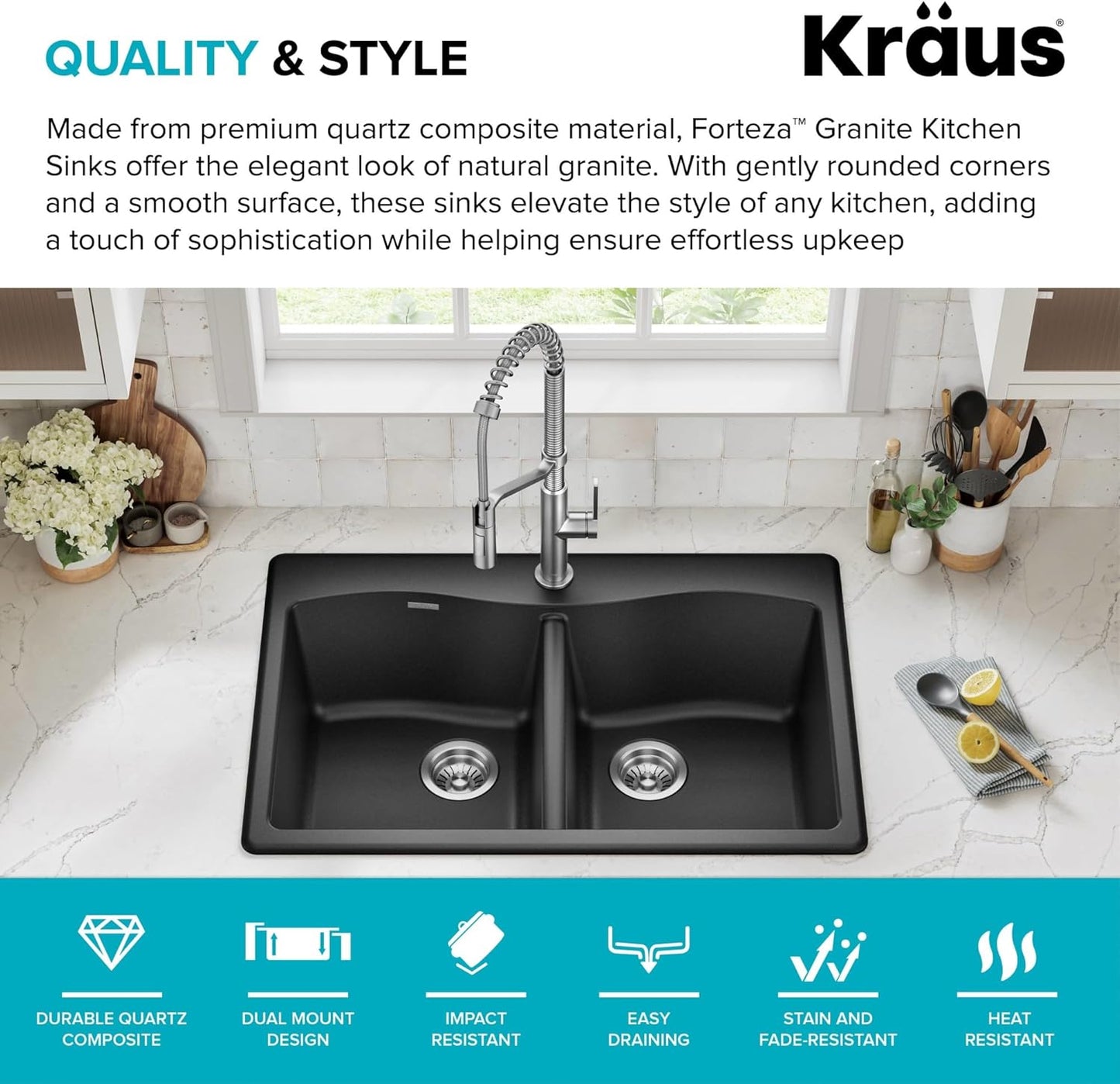 KRAUS Forteza 33-Inch Drop In/Undermount 50/50 Double Bowl Granite Kitchen Sink in Black, KGD-52BLACK